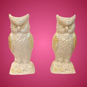 Pair vintage porcelain lusterware Belleek vases cream & yellow owls mint cond.